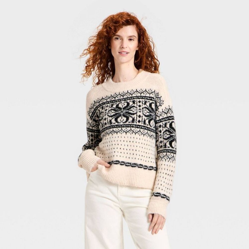 Women's Cozy Alpine Snowflake Crewneck Pullover Sweater - Cream M